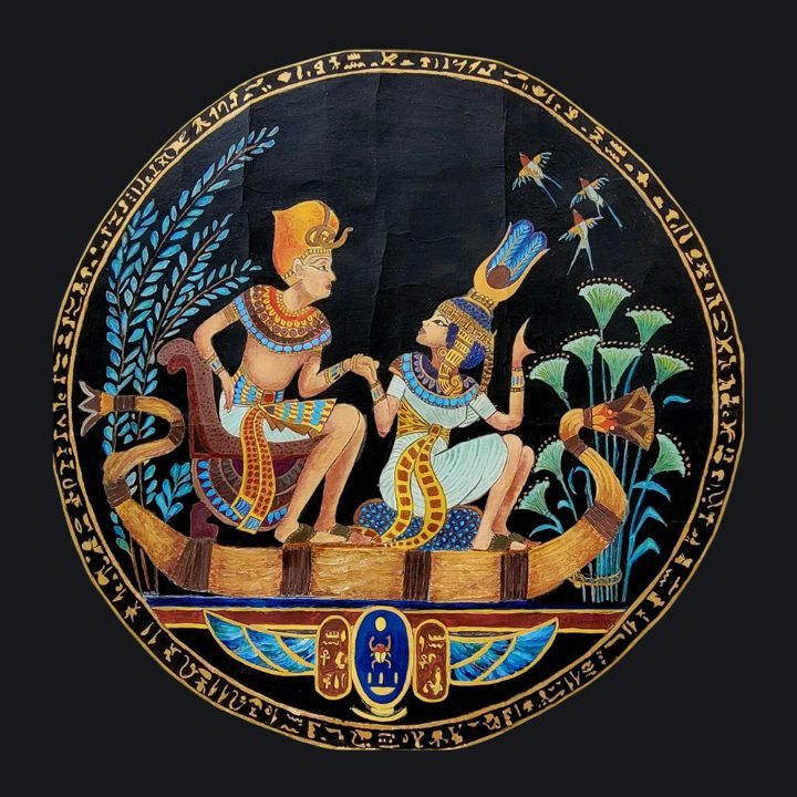 Egyptian Dreams, a round painting of an Egyptian couple on a gilded boat