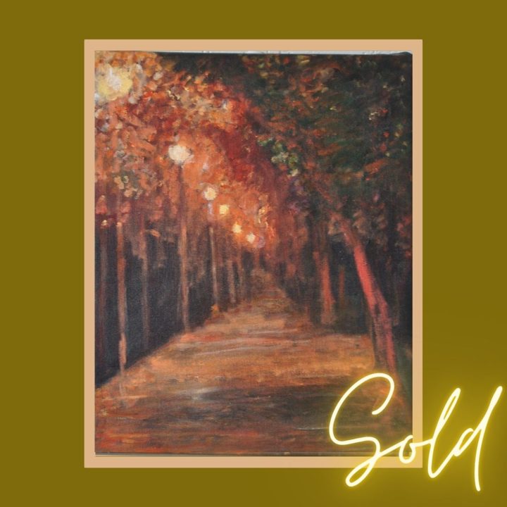 Winter Coat, a painting of a lamplit autumn path, marked sold